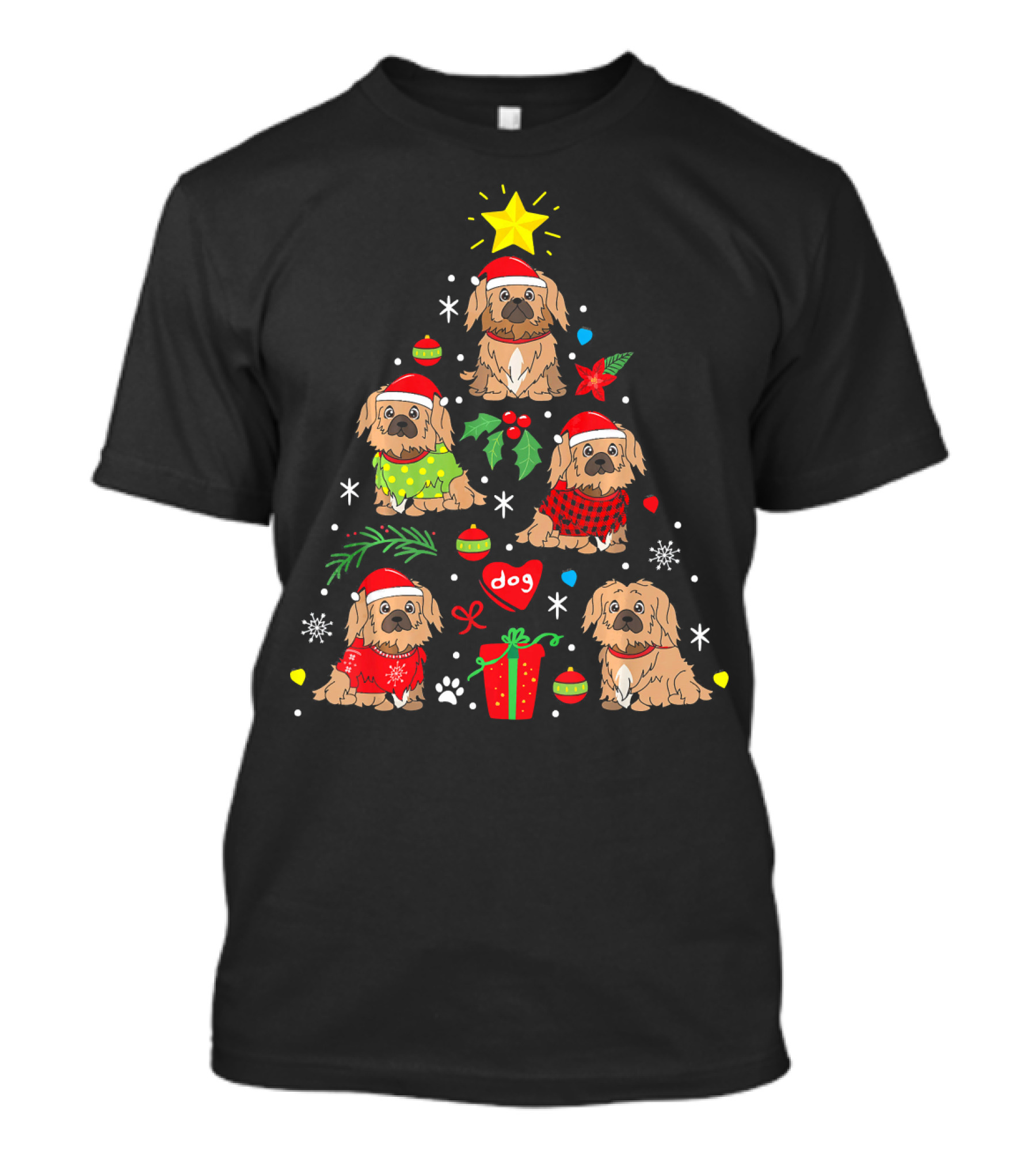 Pekingese Dog Christmas Tree With Ornaments And Gifts T-Shirt