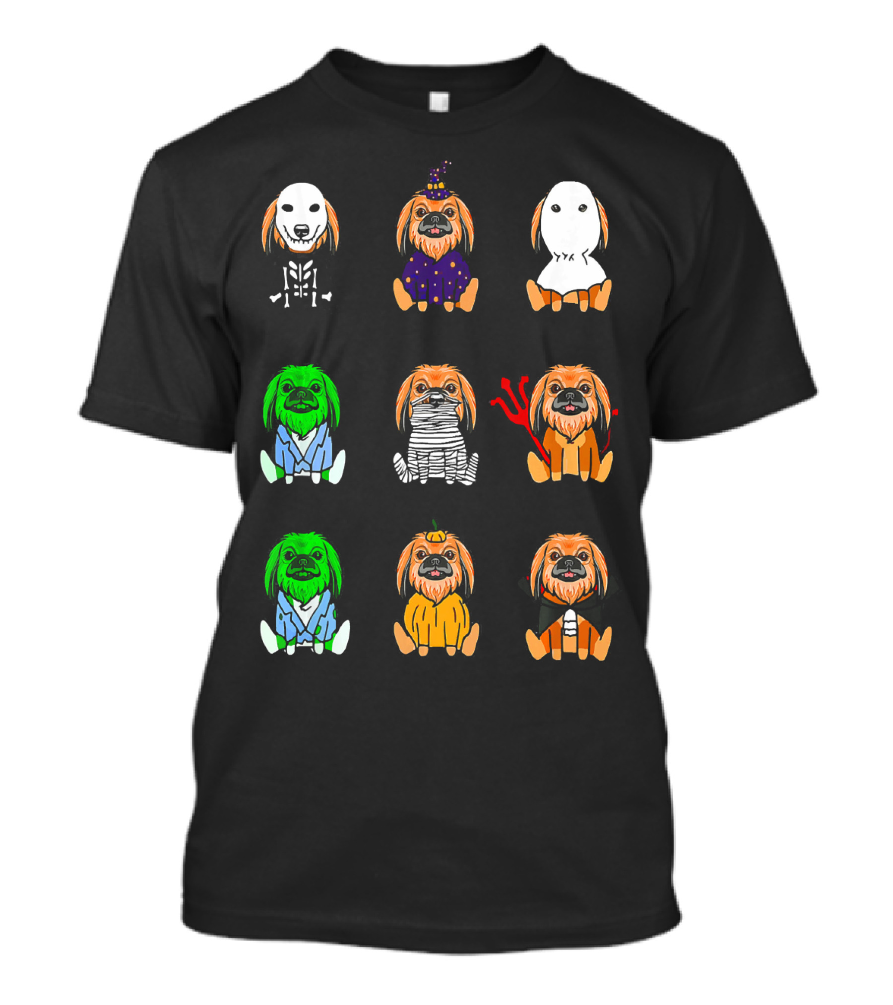 Pekingese Dog Skeleton Witch Ghost Zombie Mummy Vampire Frankenstein Pumpkin Candy Corn Halloween T-Shirt