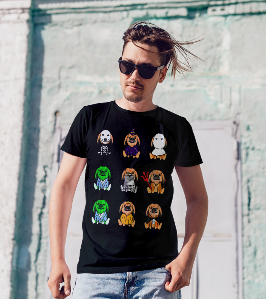 Pekingese Dog Skeleton Witch Ghost Zombie Mummy Vampire Frankenstein Pumpkin Candy Corn Halloween T-Shirt