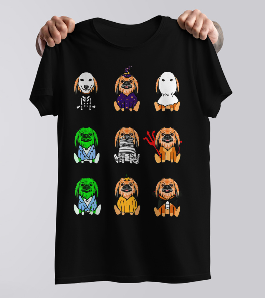 Pekingese Dog Skeleton Witch Ghost Zombie Mummy Vampire Frankenstein Pumpkin Candy Corn Halloween T-Shirt