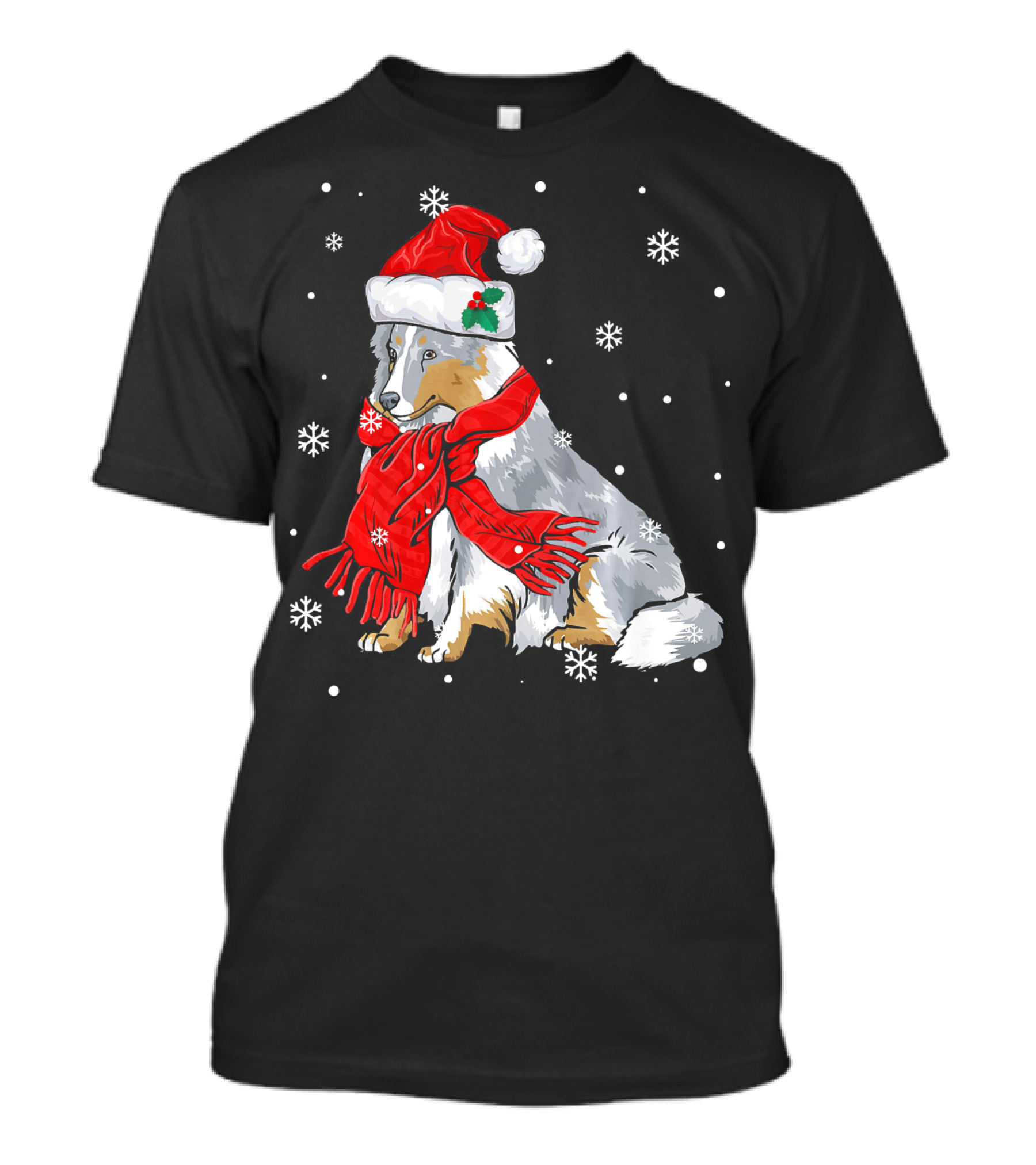 Sheltie With Santa Hat And Red Scarf Amid Snowflakes T-Shirt