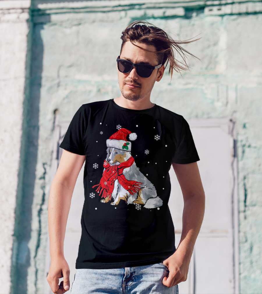 Sheltie With Santa Hat And Red Scarf Amid Snowflakes T-Shirt