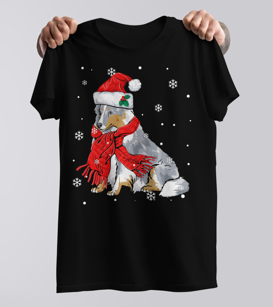 Sheltie With Santa Hat And Red Scarf Amid Snowflakes T-Shirt