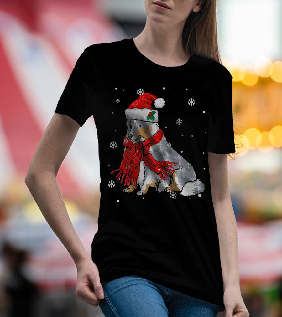 Sheltie With Santa Hat And Red Scarf Amid Snowflakes T-Shirt