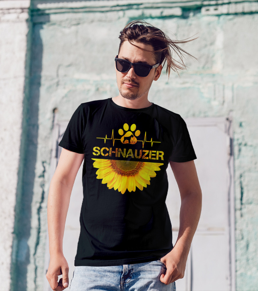 Schnauzer Heartbeat Paw Print Sunflower T-Shirt