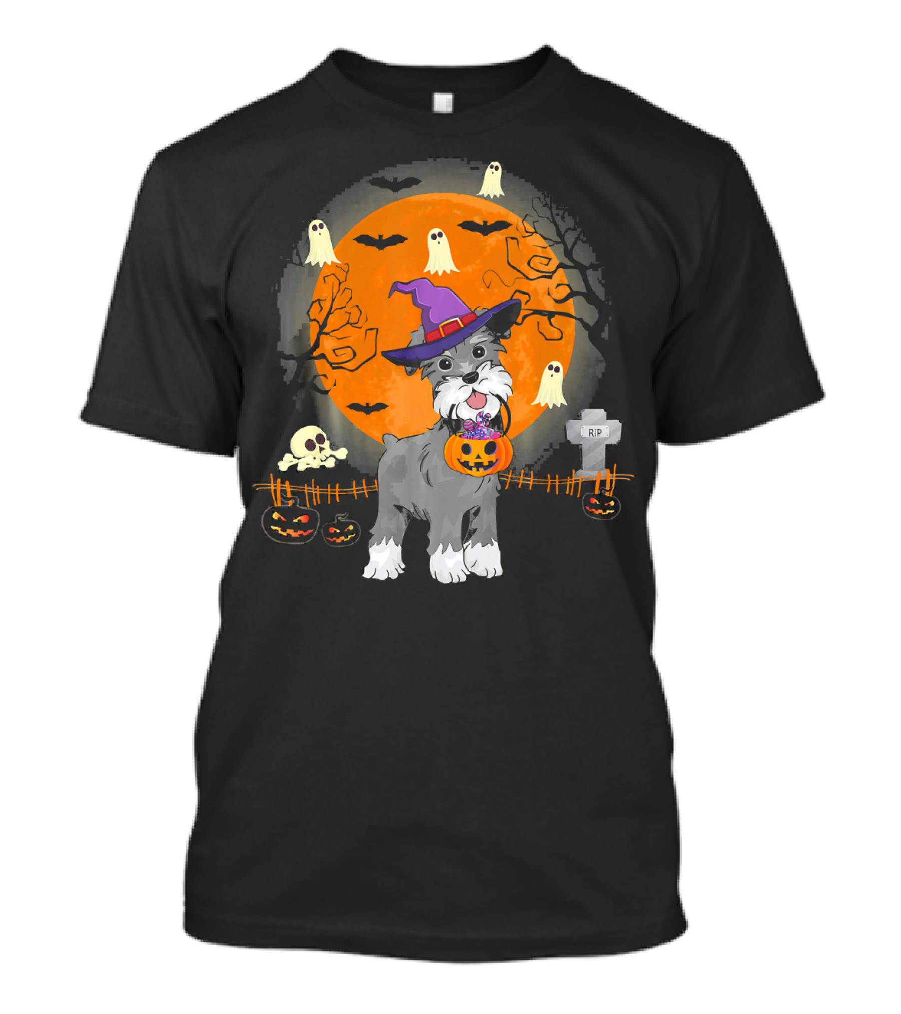 Schnauzer Dog Witch Halloween Pumpkin Ghosts Bats Moon Tombstone T-Shirt