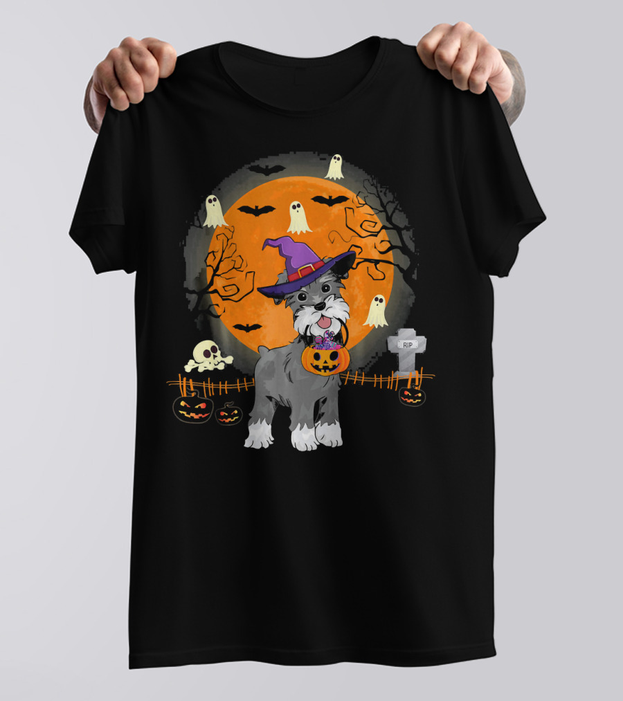Schnauzer Dog Witch Halloween Pumpkin Ghosts Bats Moon Tombstone T-Shirt