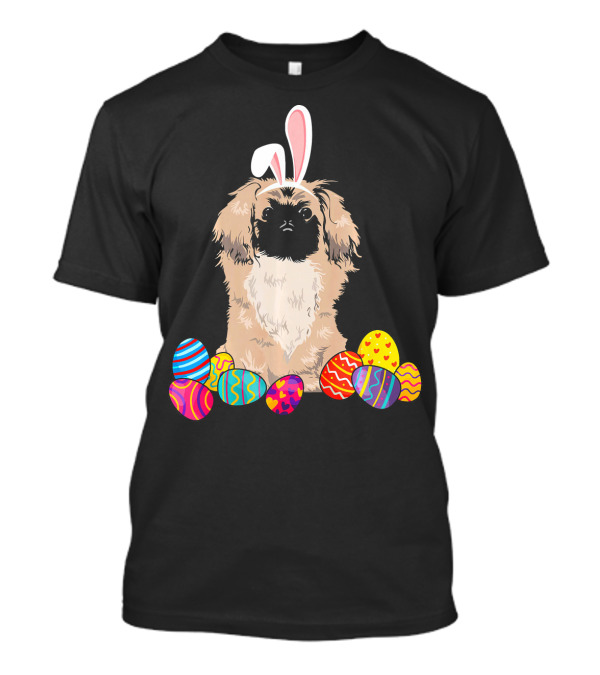 Pekingese With Bunny Ears Surrounded By Colorful Easter Eggs T-Shirt