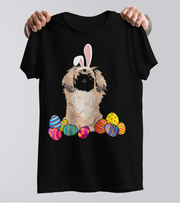 Pekingese With Bunny Ears Surrounded By Colorful Easter Eggs T-Shirt