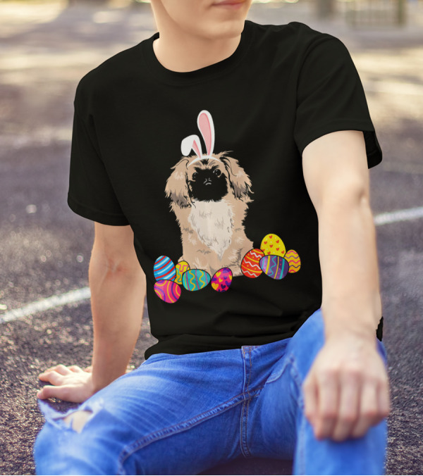 Pekingese With Bunny Ears Surrounded By Colorful Easter Eggs T-Shirt