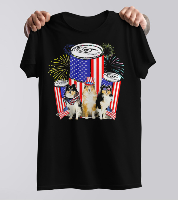 Patriotic Sheltie Mini Flag USA Fireworks T-Shirt