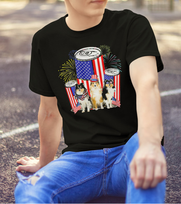 Patriotic Sheltie Mini Flag USA Fireworks T-Shirt