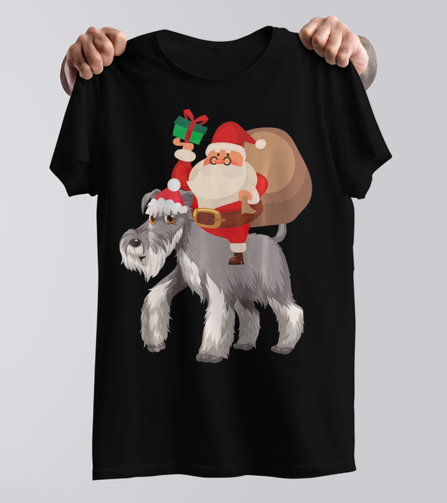 Santa Claus Riding A Miniature Schnauzer With Gift And Sack T-Shirt