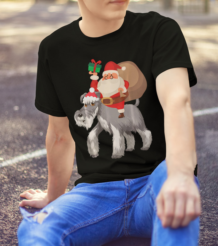 Santa Claus Riding A Miniature Schnauzer With Gift And Sack T-Shirt
