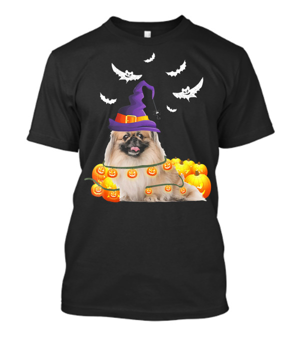 Pekingese Dog With Light Up Pumpkins And Halloween Witch Hat With Flying Bats T-Shirt