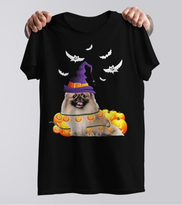 Pekingese Dog With Light Up Pumpkins And Halloween Witch Hat With Flying Bats T-Shirt