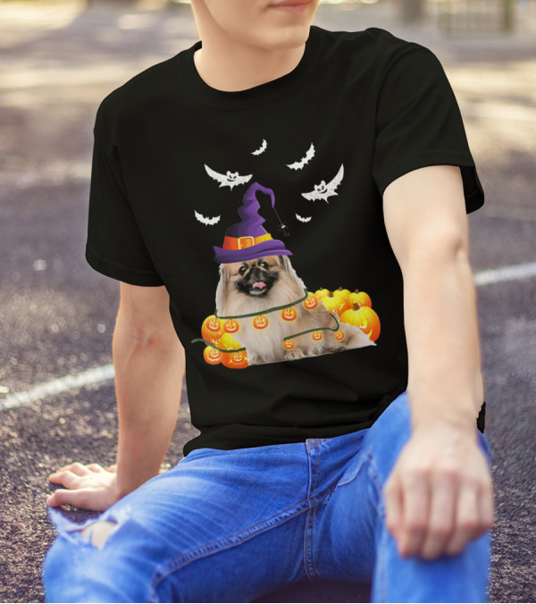 Pekingese Dog With Light Up Pumpkins And Halloween Witch Hat With Flying Bats T-Shirt