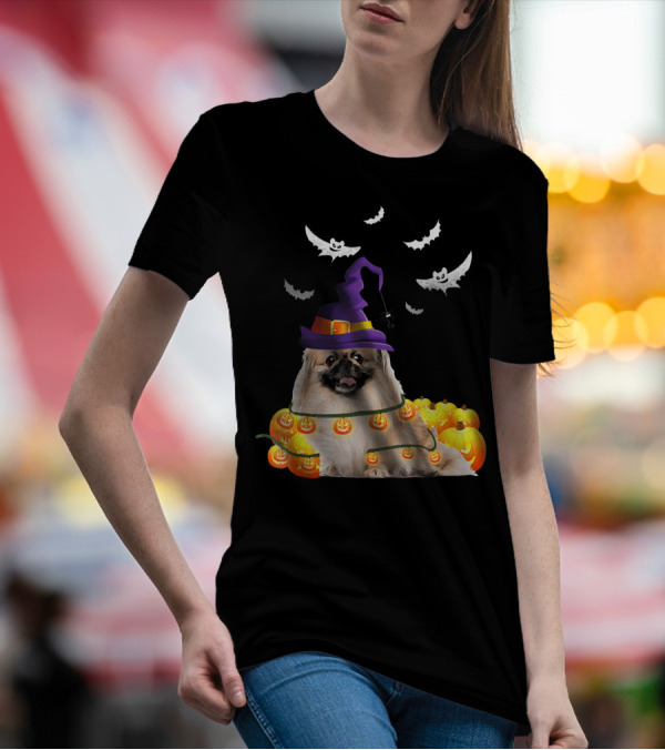 Pekingese Dog With Light Up Pumpkins And Halloween Witch Hat With Flying Bats T-Shirt