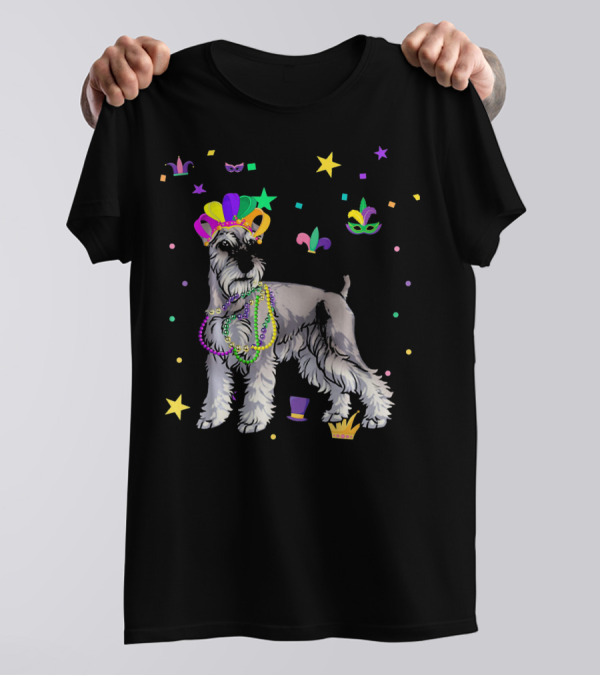 Miniature Schnauzer Dog In Colorful Mardi Gras Celebration With Beads And Festive Decorations T-Shirt