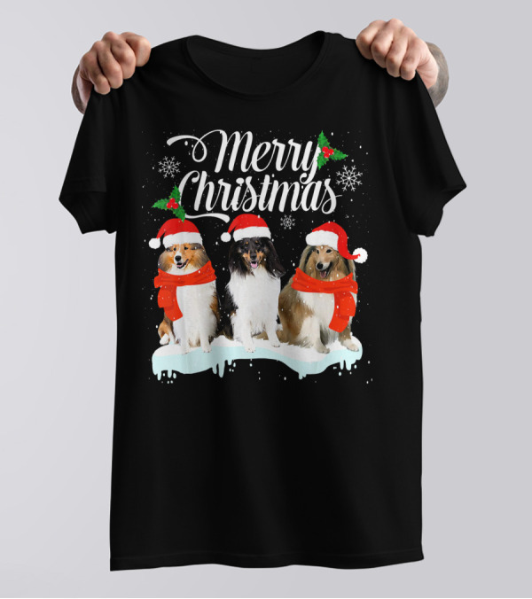 Merry Christmas Sheltie Dog Puppy Santa Hat Snowflakes T-Shirt