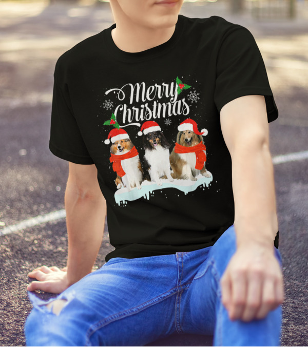 Merry Christmas Sheltie Dog Puppy Santa Hat Snowflakes T-Shirt