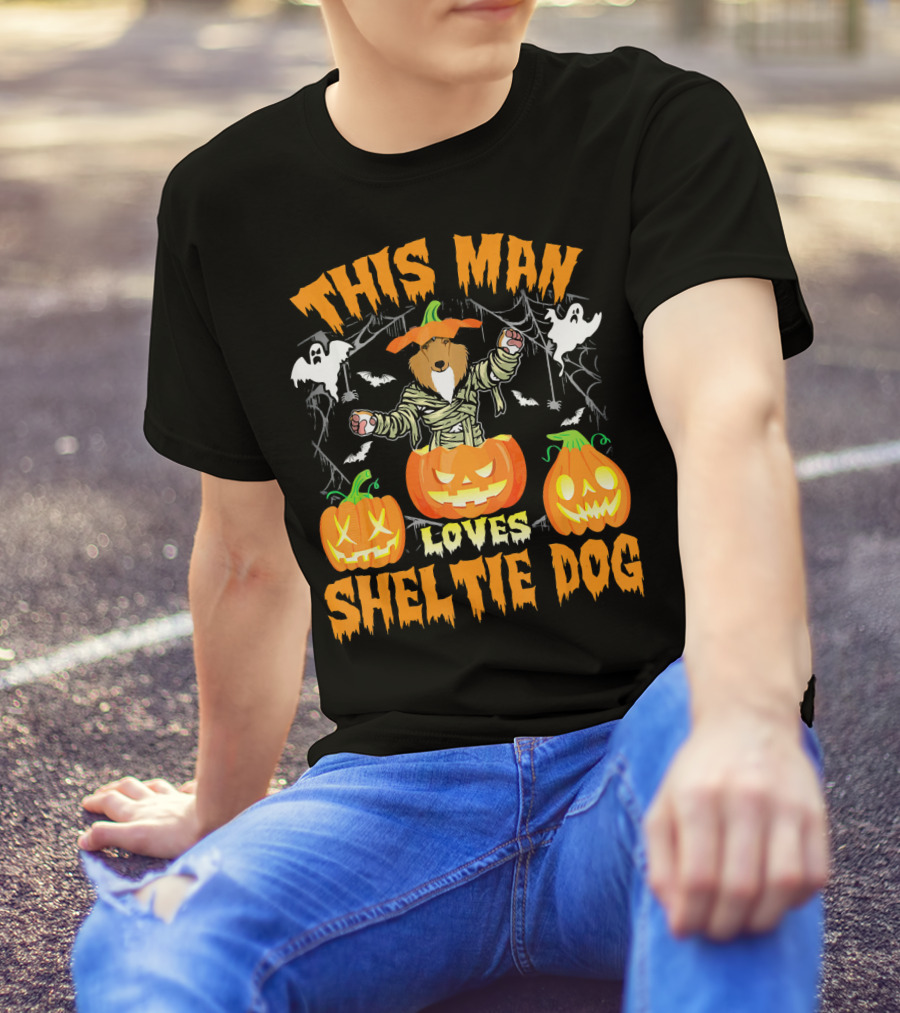 This Man Loves Sheltie Dog With Pumpkins And Ghosts T-Shirt