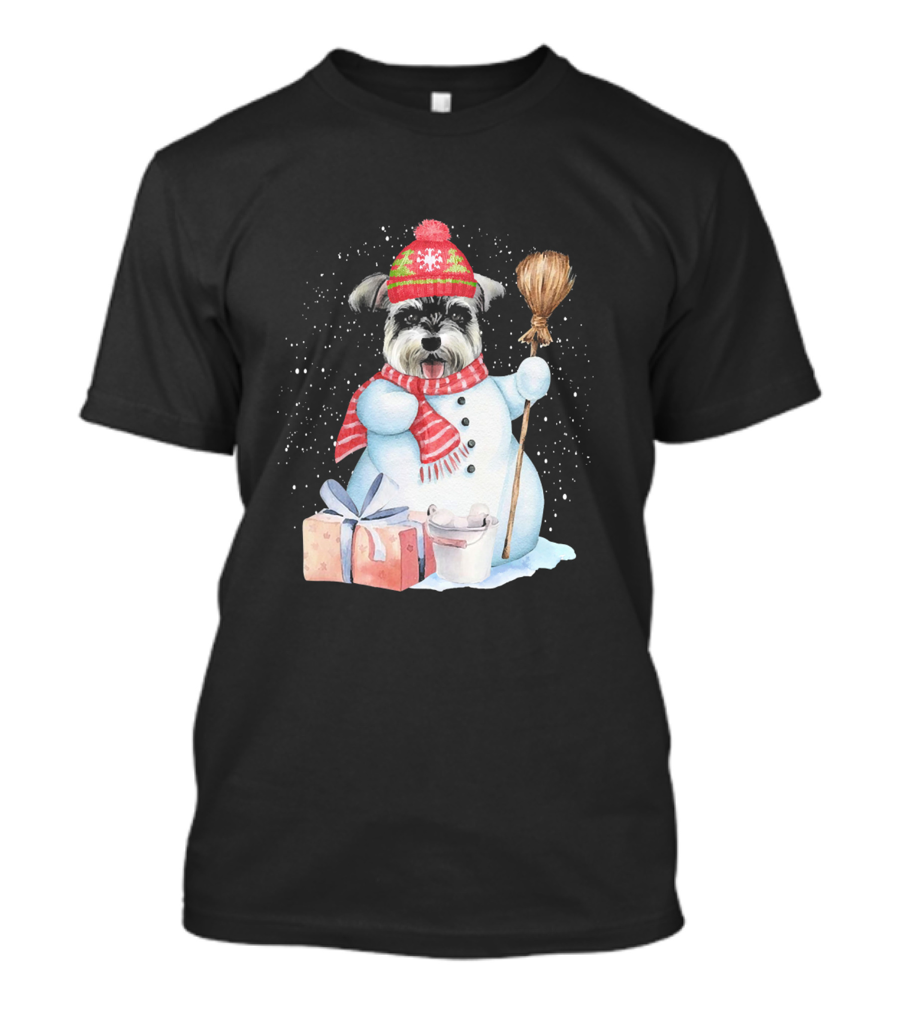Miniature Schnauzer Snowman Night With Gifts And Broom T-Shirt