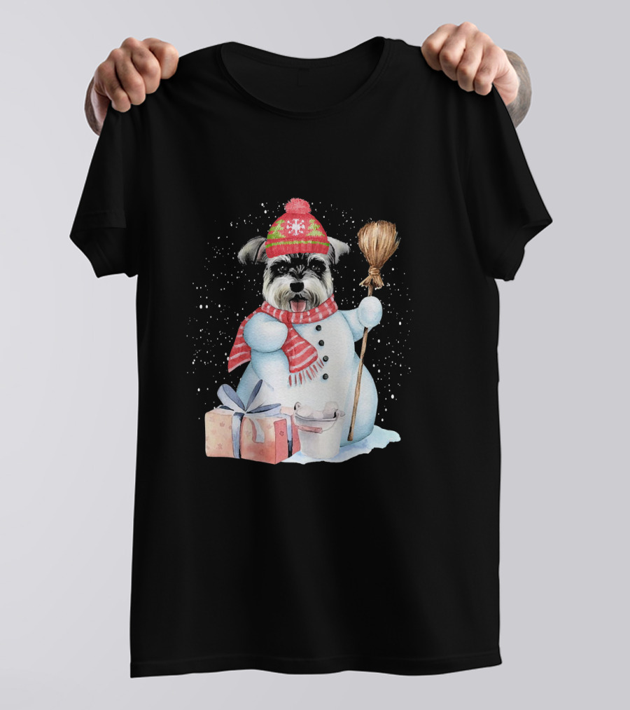 Miniature Schnauzer Snowman Night With Gifts And Broom T-Shirt