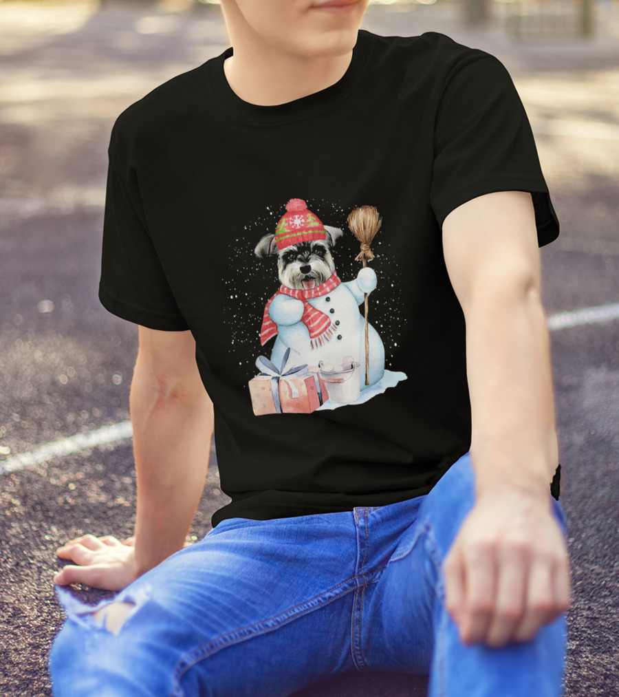 Miniature Schnauzer Snowman Night With Gifts And Broom T-Shirt