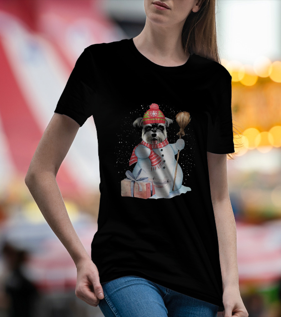 Miniature Schnauzer Snowman Night With Gifts And Broom T-Shirt