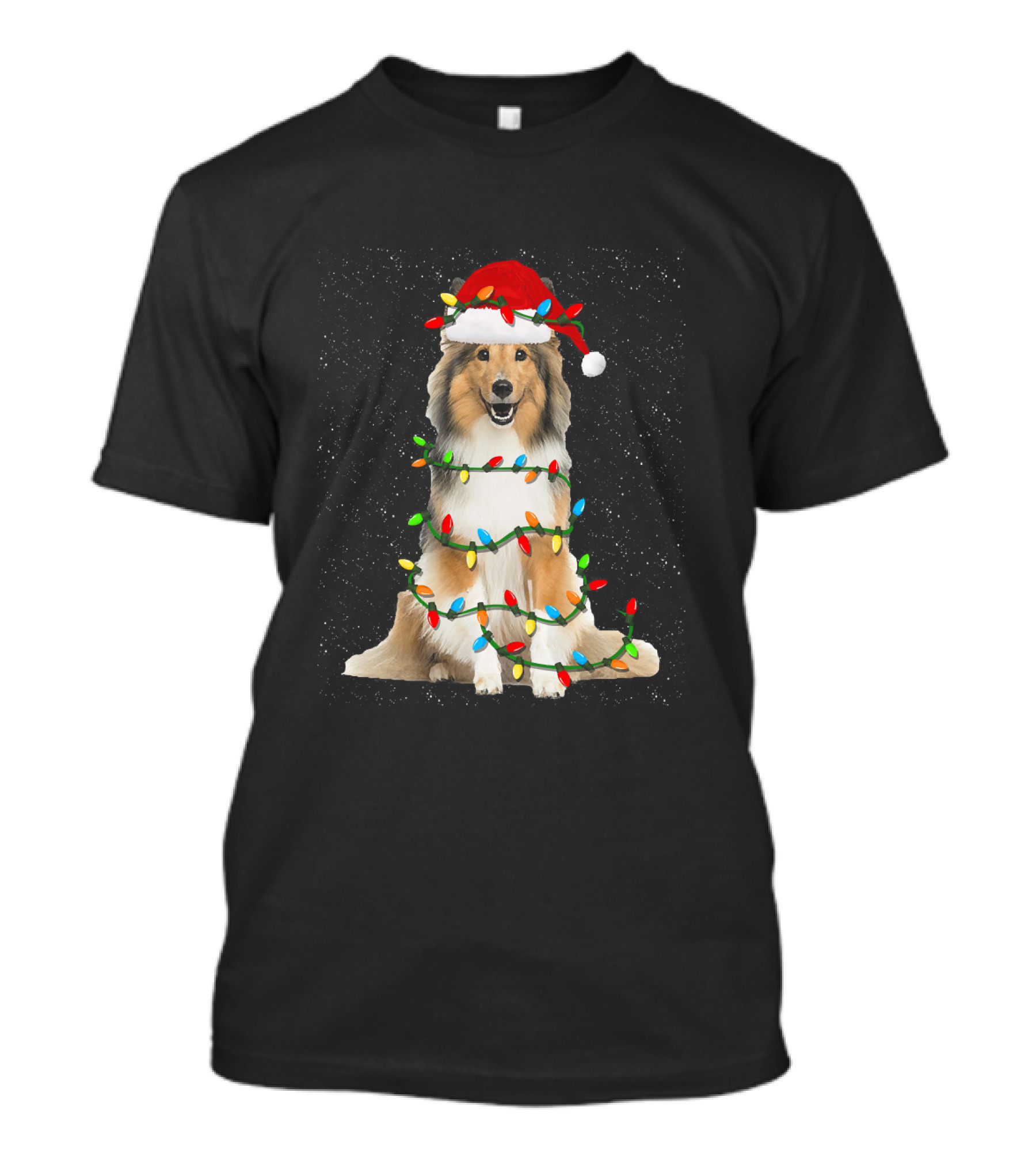 Sheltie Dog Wrapped In Christmas Lights With Santa Hat T-Shirt
