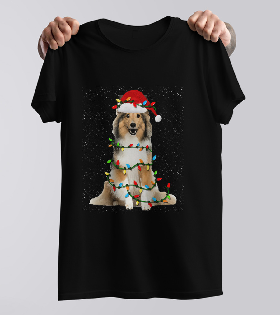 Sheltie Dog Wrapped In Christmas Lights With Santa Hat T-Shirt