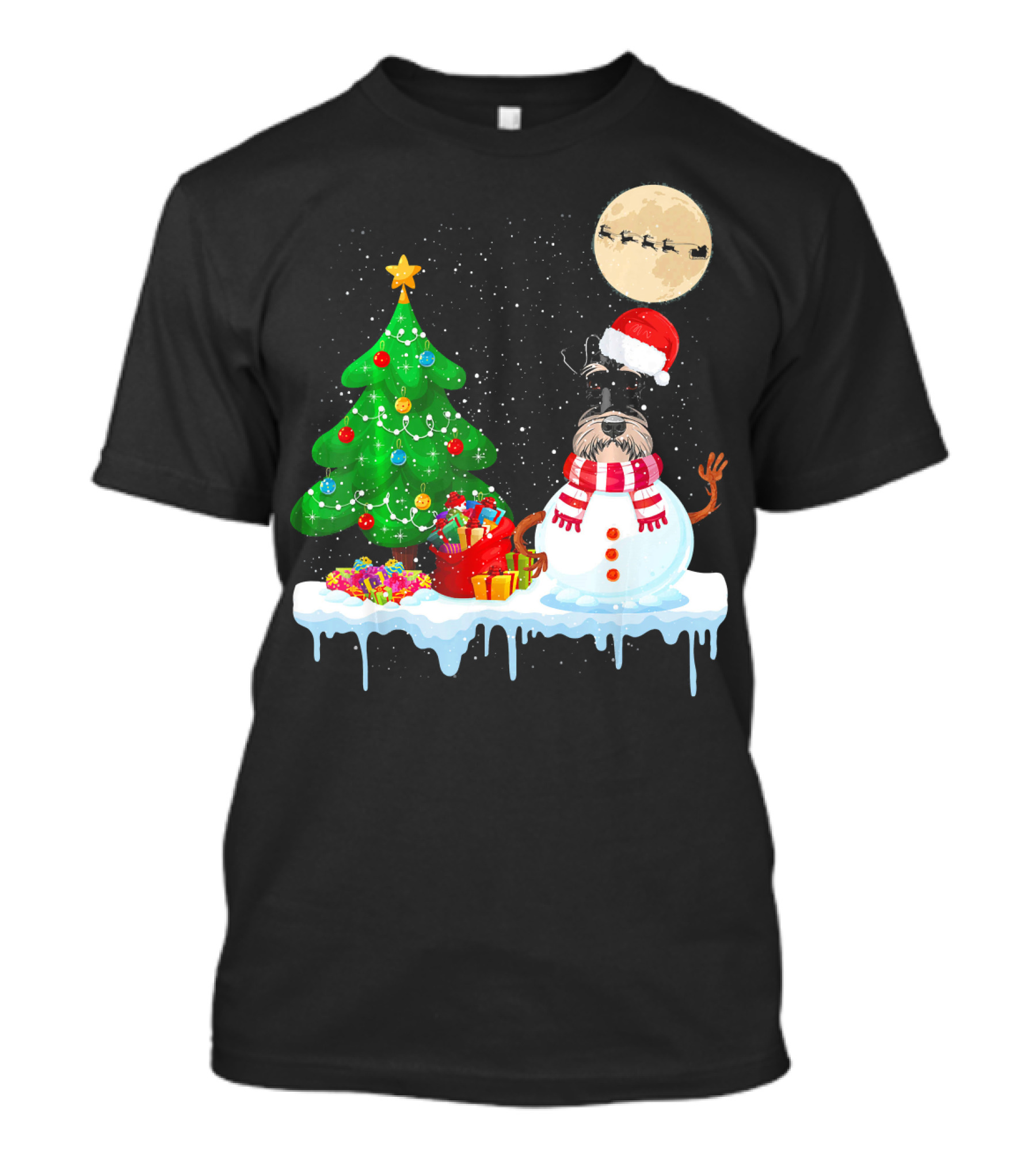 Schnauzer Snowman Christmas Tree Santa Moon Sleigh Holiday Scene T-Shirt