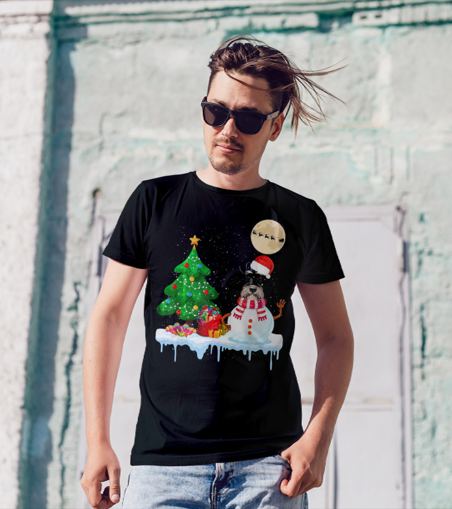 Schnauzer Snowman Christmas Tree Santa Moon Sleigh Holiday Scene T-Shirt
