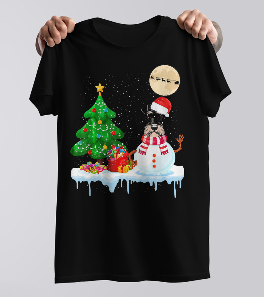 Schnauzer Snowman Christmas Tree Santa Moon Sleigh Holiday Scene T-Shirt