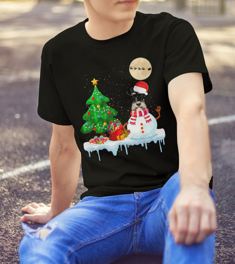Schnauzer Snowman Christmas Tree Santa Moon Sleigh Holiday Scene T-Shirt