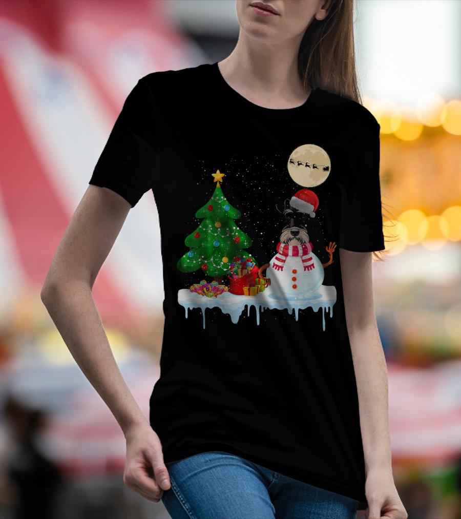 Schnauzer Snowman Christmas Tree Santa Moon Sleigh Holiday Scene T-Shirt