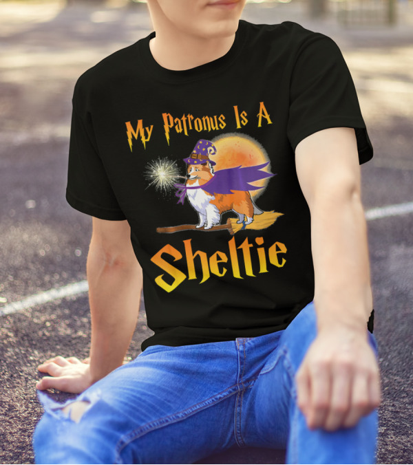 My Patronus Is A Sheltie Witch Flying Broom Moon T-Shirt