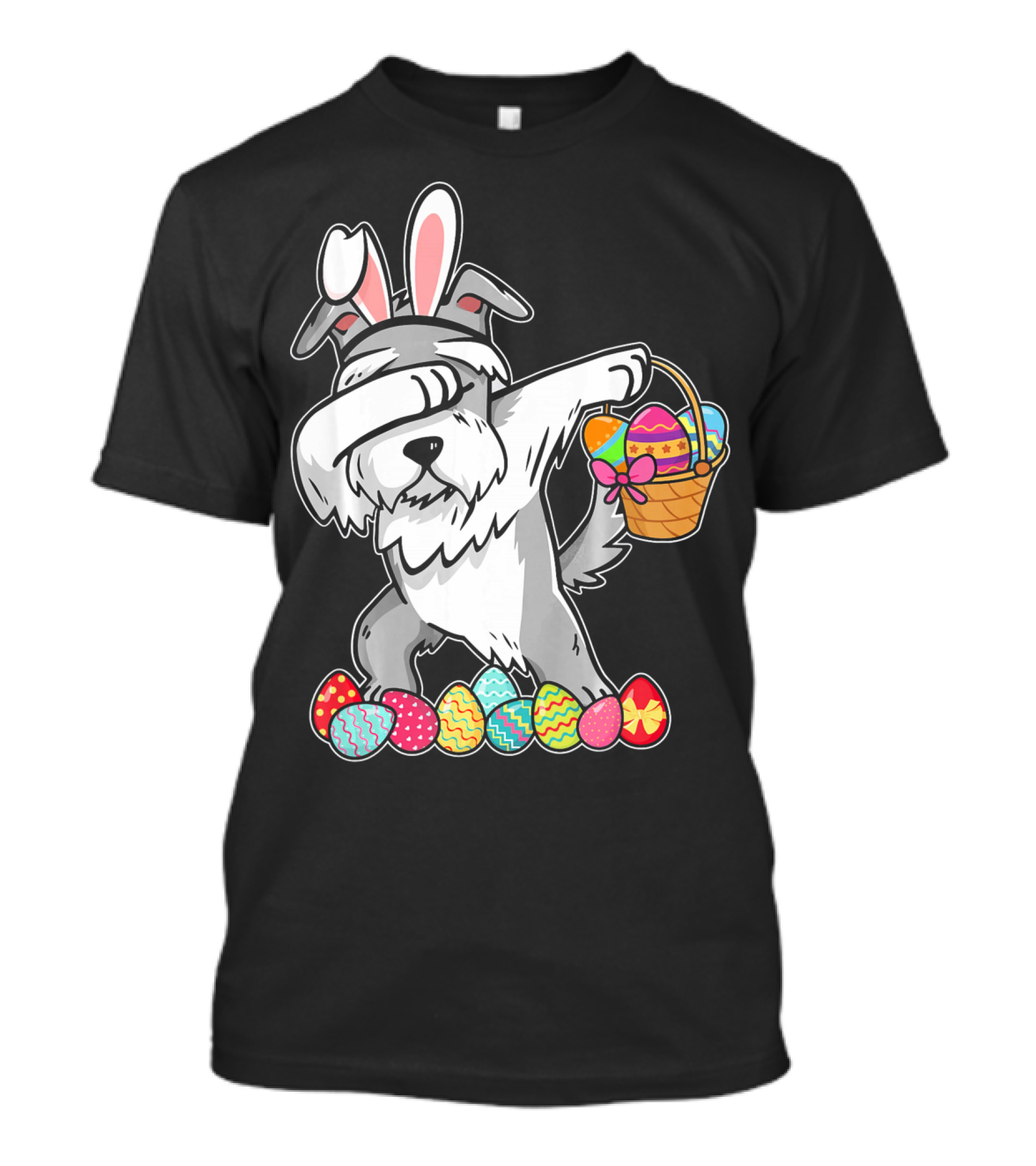 Miniature Schnauzer Dabbing With Easter Bunny Ears And Egg Basket T-Shirt