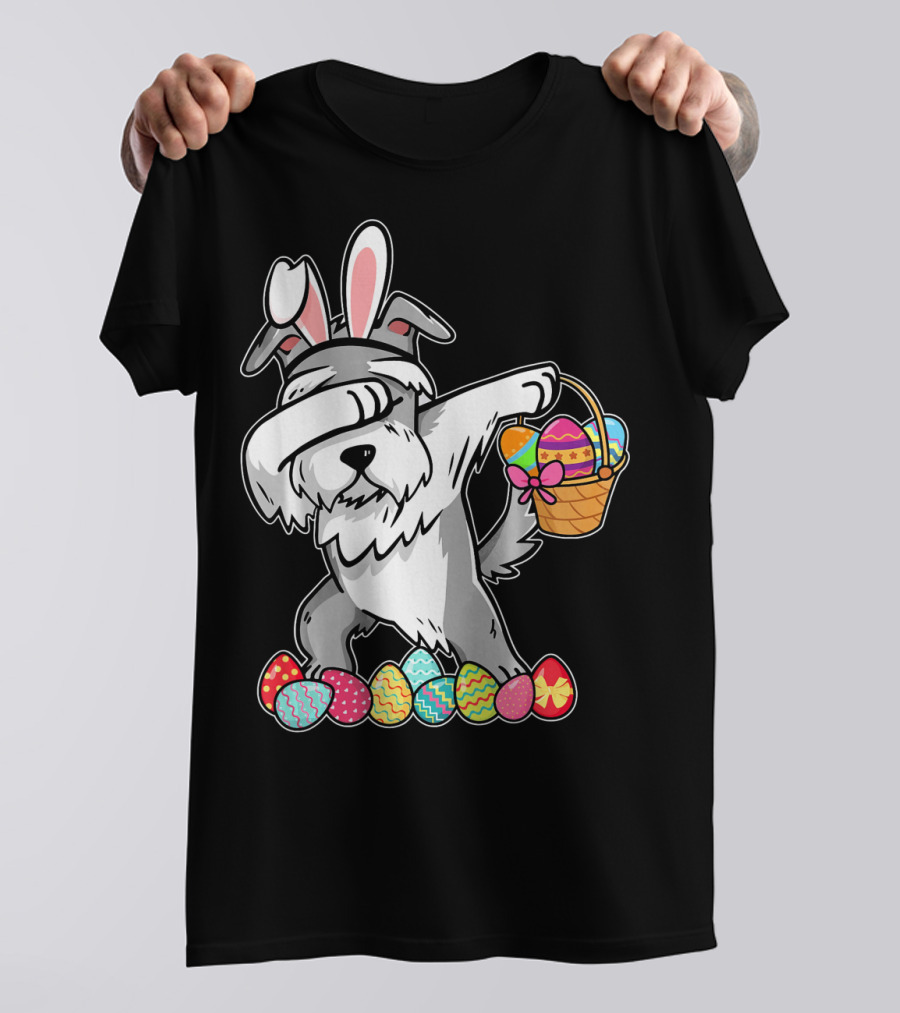 Miniature Schnauzer Dabbing With Easter Bunny Ears And Egg Basket T-Shirt