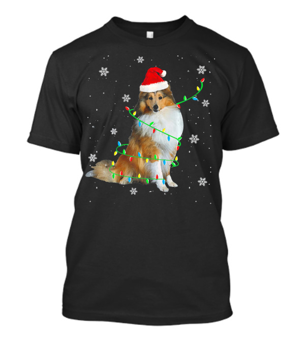 Shetland Sheepdog Wrapped In Christmas Lights With Santa Hat And Snowflakes T-Shirt