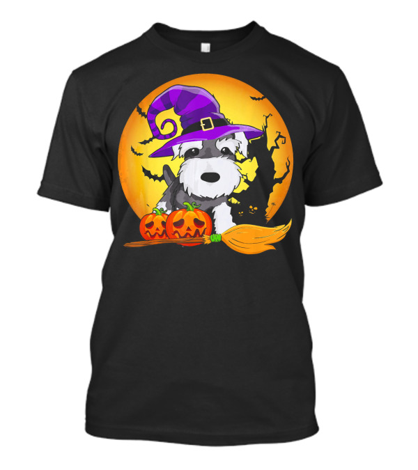 Schnauzer Witch With Pumpkin Broom Halloween Scene T-Shirt
