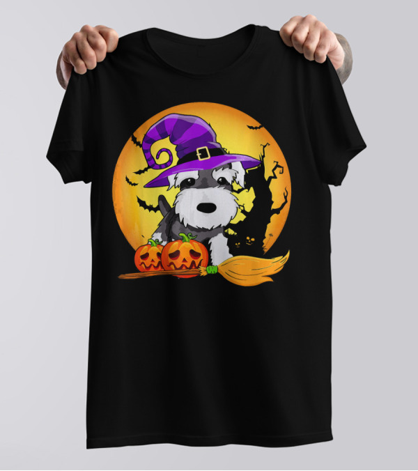 Schnauzer Witch With Pumpkin Broom Halloween Scene T-Shirt