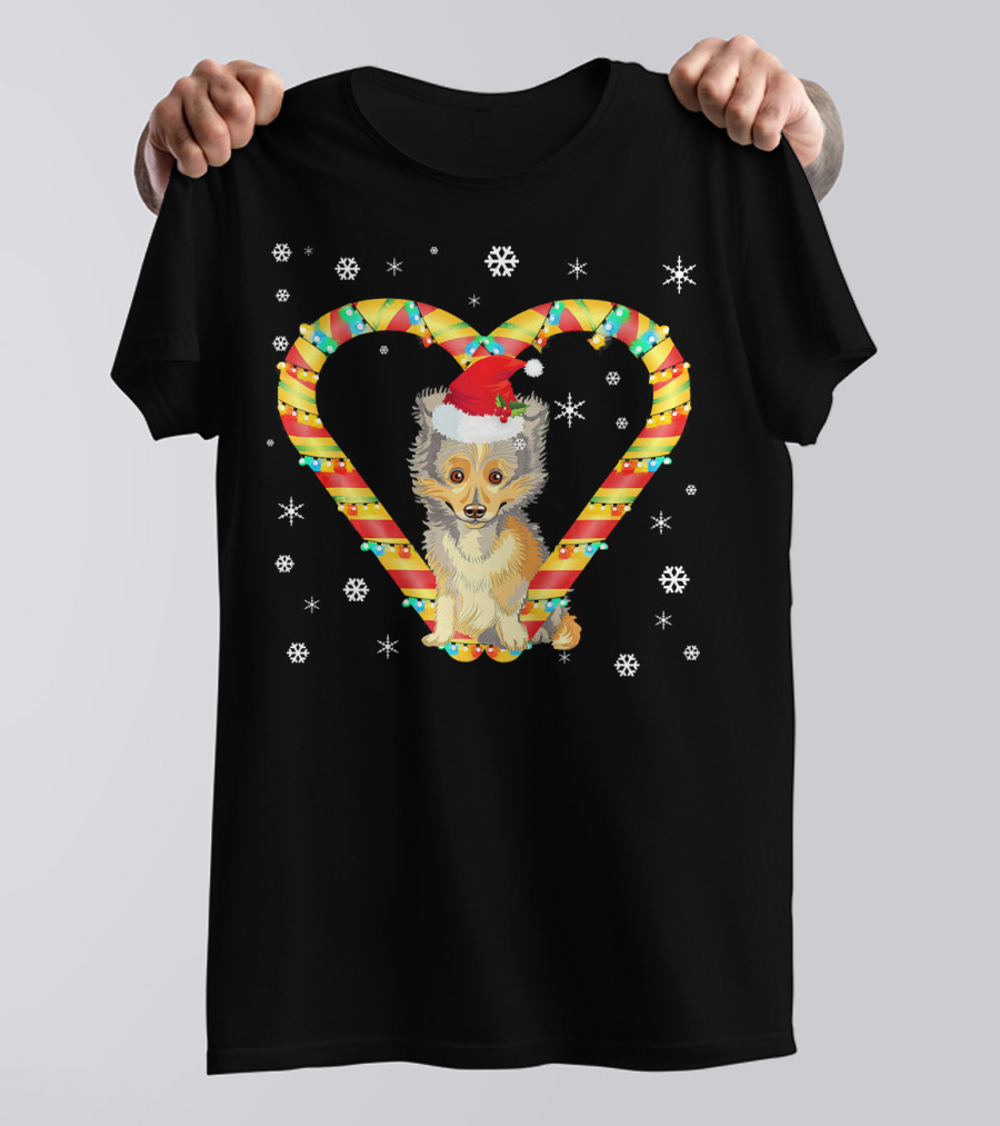 Sheltie Santa Hat In Candy Cane Heart With Snowflakes T-Shirt