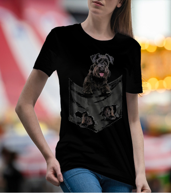 Miniature Schnauzer Dog Pocket Mid Dog Black Fur Tongue Out T-Shirt