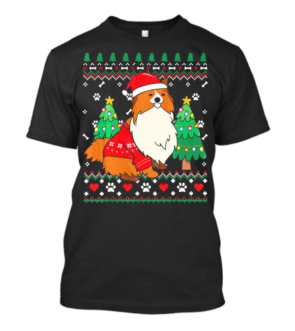 Sheltie Shetland Sheepdog Christmas Ornament With Santa Hat And Festive Trees T-Shirt