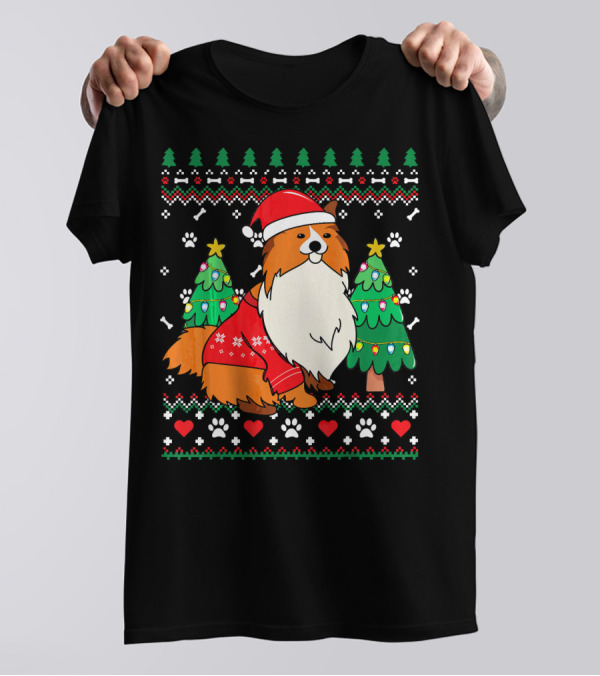 Sheltie Shetland Sheepdog Christmas Ornament With Santa Hat And Festive Trees T-Shirt
