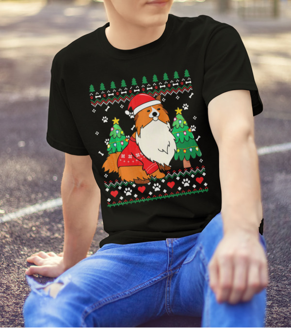 Sheltie Shetland Sheepdog Christmas Ornament With Santa Hat And Festive Trees T-Shirt