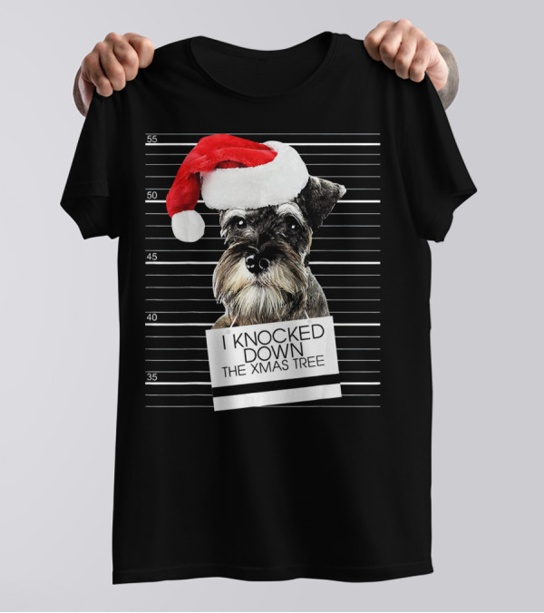 Schnauzer Dog I Knocked Down The Xmas Tree Mugshot Santa Hat T-Shirt