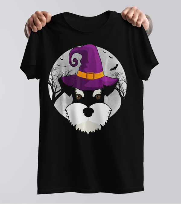 Schnauzer Witch Halloween Dog Love With Purple Hat And Bats T-Shirt